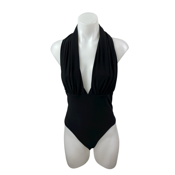Love Women's Black Ruched Deep V Neck Open Back Sleeveless Tank Bodysuit Top M