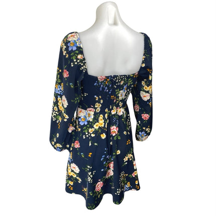Abercrombie & Fitch Blue Floral Long Puff Sleeve Lace Up A Line Mini Dress Sz S