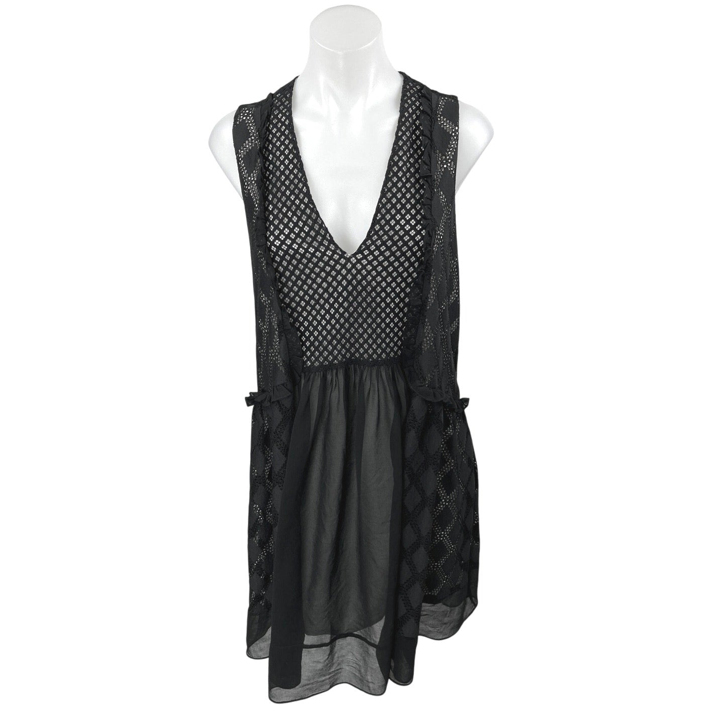 Sandro Black Lace Sleeveless Open Knit Overlay V-Neck Boho Mini Dress Brie Sandro Black Lace Sleeveless Open Knit Overlay V-Neck Boho Mini Dress Brie