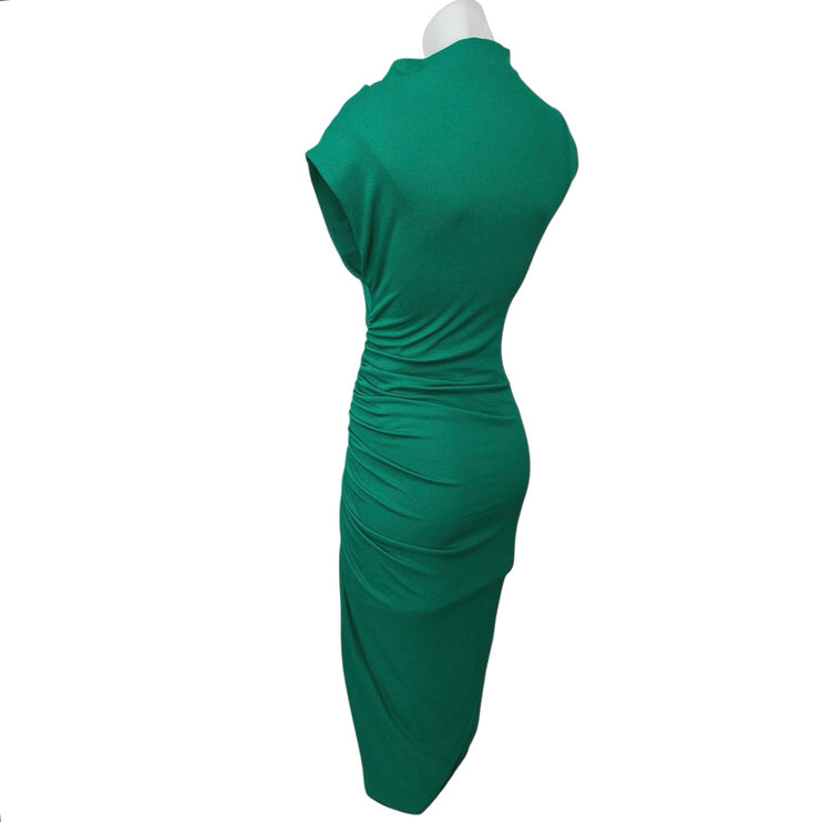 Anthropologie Maya Green Ruched Cowl Neck Sleeveless Slit Midi Bodycon Dress XXS