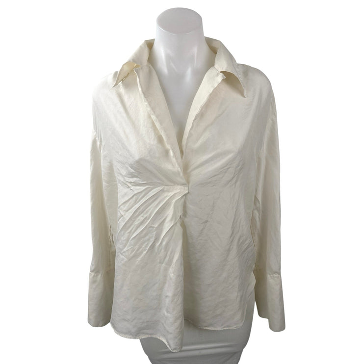 Banana Republic 100% Silk White V Neck Collared Long Sleeve Shirt Blouse Top S