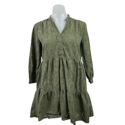 Zara Green Floral Eyelet Embroidered 3/4 Sleeve Tiered Mini Flare A-Line Dress S