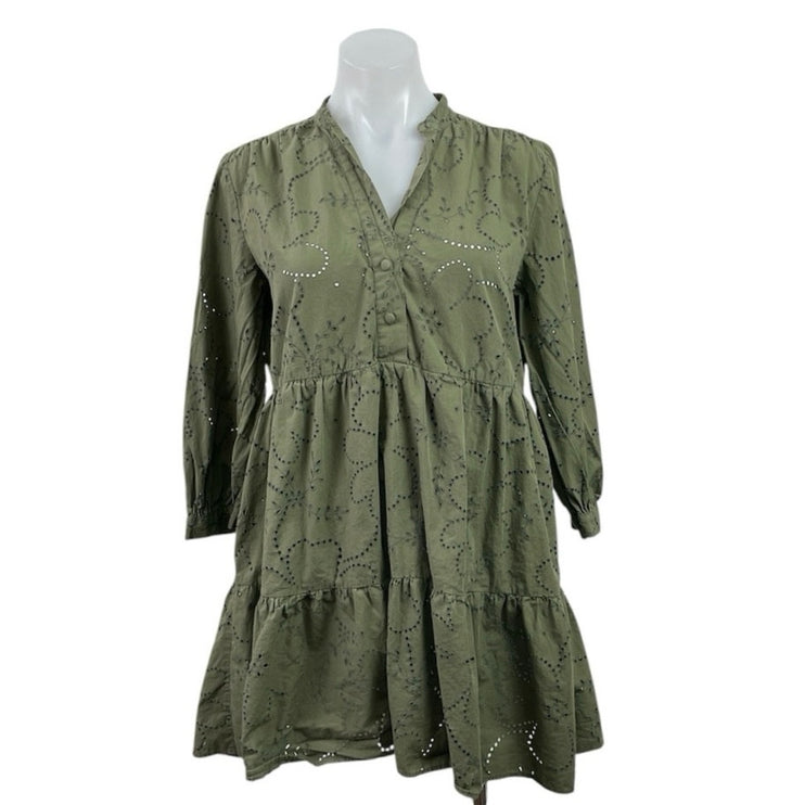 Zara Green Floral Eyelet Embroidered 3/4 Sleeve Tiered Mini Flare A-Line Dress S