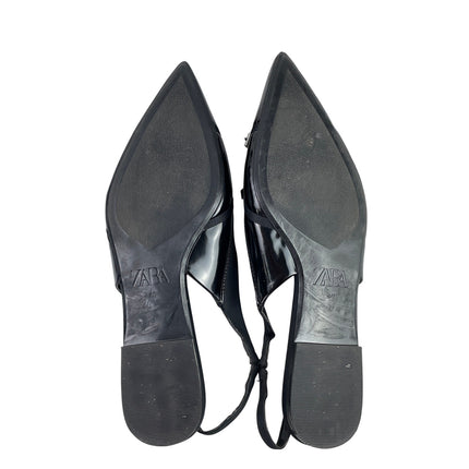 Zara Women's Black Faux Leather Pointed Toe Slingback Buckle Flat Sandals Size 9