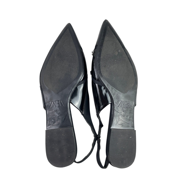 Zara Women's Black Faux Leather Pointed Toe Slingback Buckle Flat Sandals Size 9