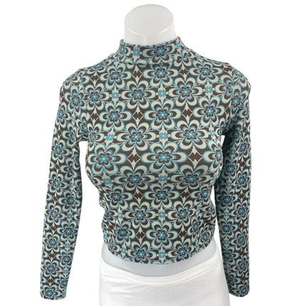 Stradivarius Blue Brown Floral Knit Mock Neck Long Sleeve Crop Sweater Top Sz S