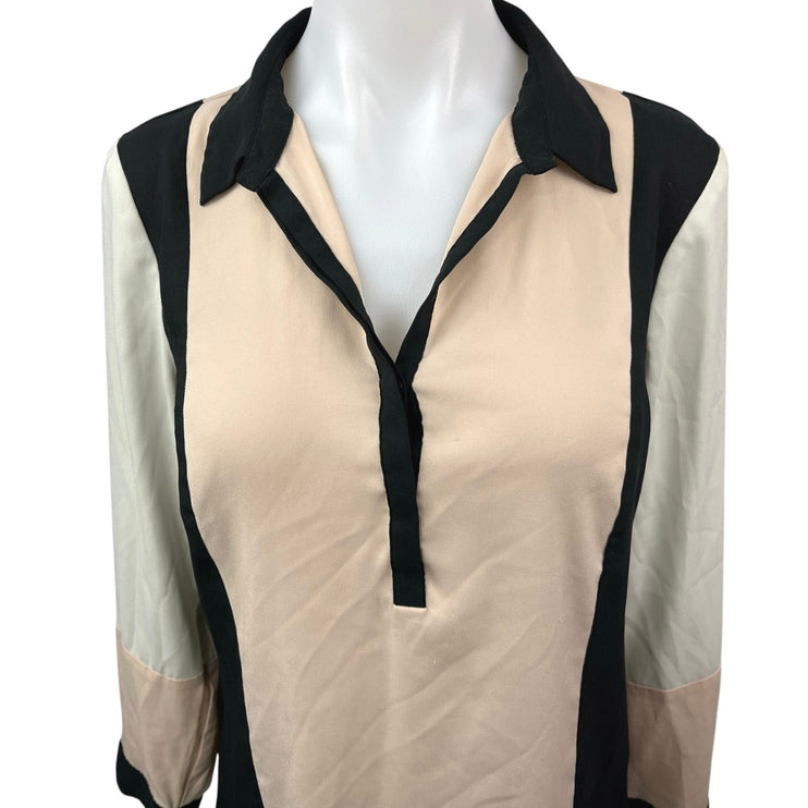 Ann Taylor Women's Beige Cream Black Long Sleeve Colorblock Blouse Top Size M