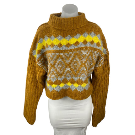 Free People Alpine Tan Wool Argyle Ribbed Mock Neck Cropped Sweater Top Size XS