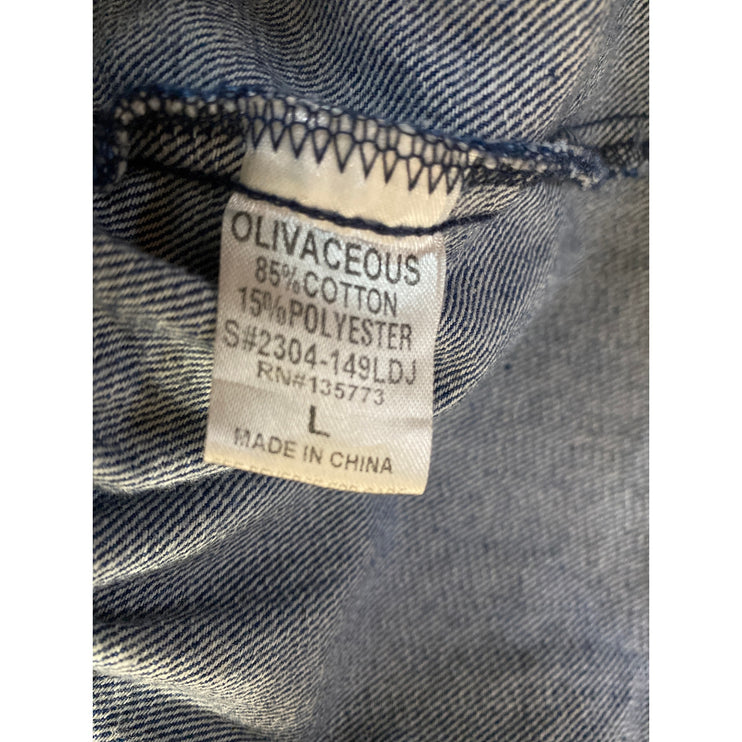 Olivaceous Blue Short Puff Sleeve Chambray Denim Jean Ruffle A Line Mini Dress L