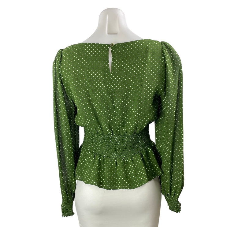 Reformation Hearth Women's Green Polka Dots Long Sleeve Peplum Blouse Top Size 8