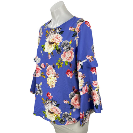 Modalinda Women's Blue Floral Long Tiered Bell Sleeve Shirt Blouse Top Size 8