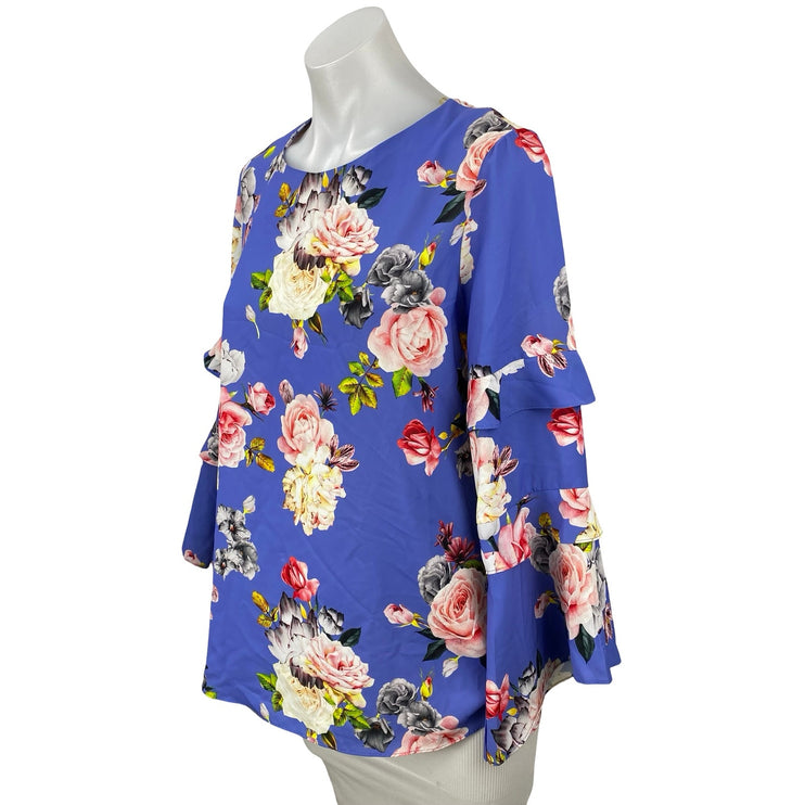 Modalinda Women's Blue Floral Long Tiered Bell Sleeve Shirt Blouse Top Size 8