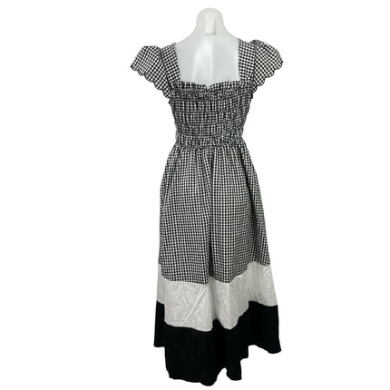NEW Hyouka Black White Gingham Check Colorblock Smocked A-line Midi Dress Size S