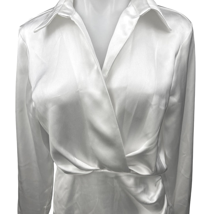 Zara White Silk Satin Long Sleeve Faux Wrap Collared Blouson Mini Dress Size XS