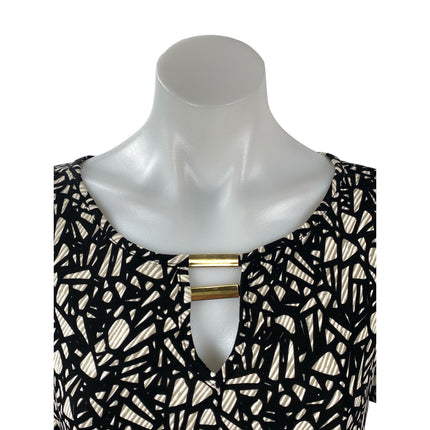 80 Park Black Geometric Round Neck Keyhole Short Cap Sleeve T-Shirt Blouse Top L