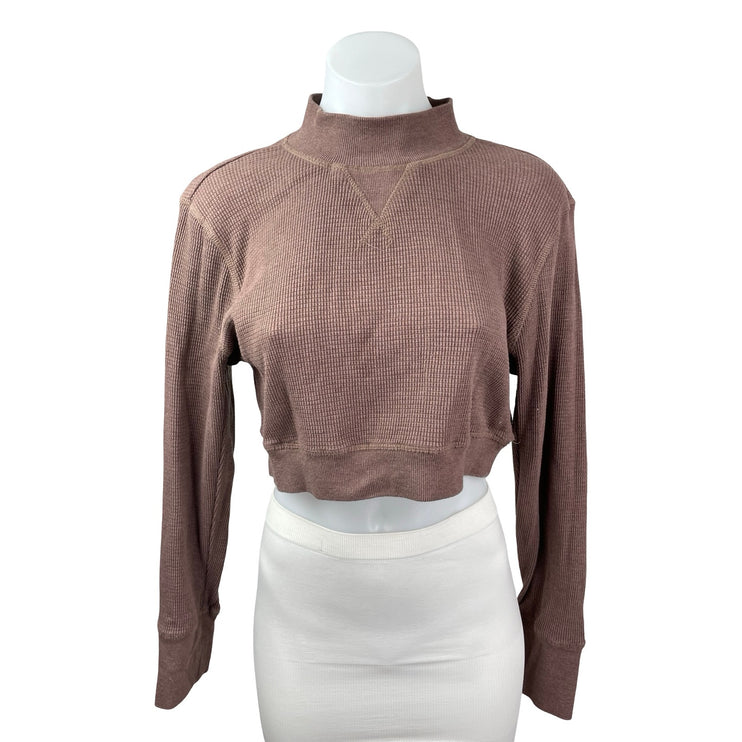 Mono B Brown Long Sleeve Mock Neck Waffle Knit Thermal Cropped Sweatshirt Top L