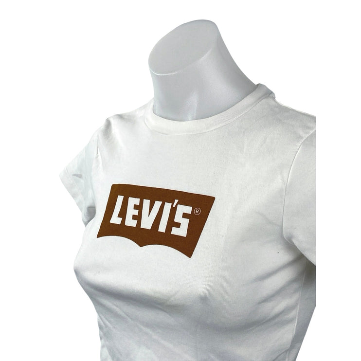Levi's Women's White Logo Print Short Sleeve Crew Neck Baby Tee T Shirt Top XS
