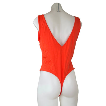 House of Harlow 1960 Red Orange Ribbed Sleeveless V-neck Thong Bodysuit Top XL