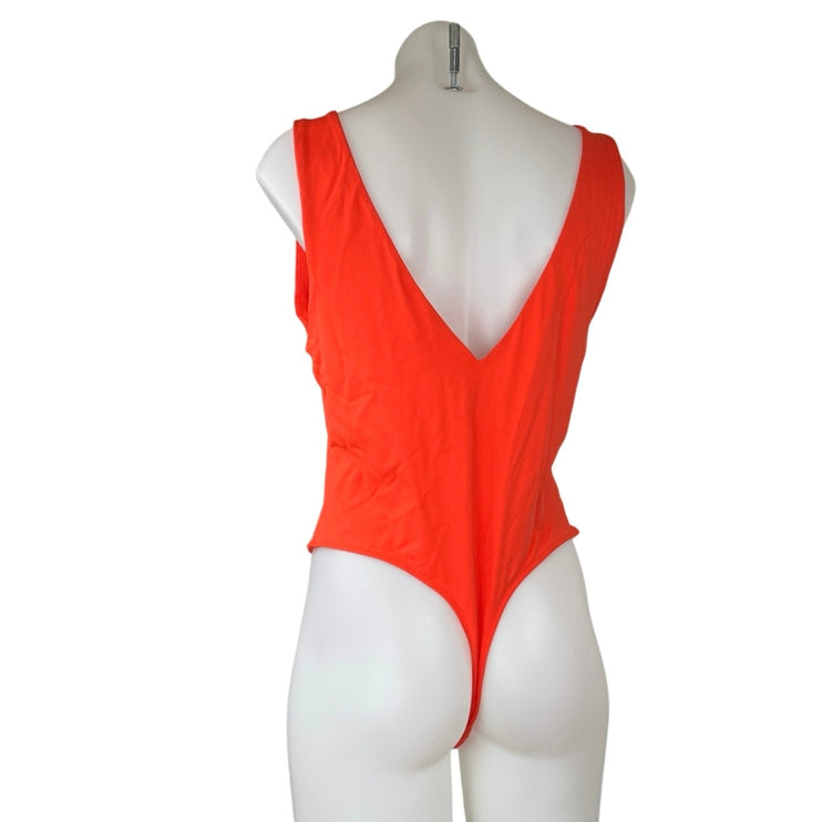 House of Harlow 1960 Red Orange Ribbed Sleeveless V-neck Thong Bodysuit Top XL