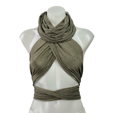 EROS Womens Brown Metallic Halter Cowl Neck Tie Back Crop Fashion Wrap Top Sz XS
