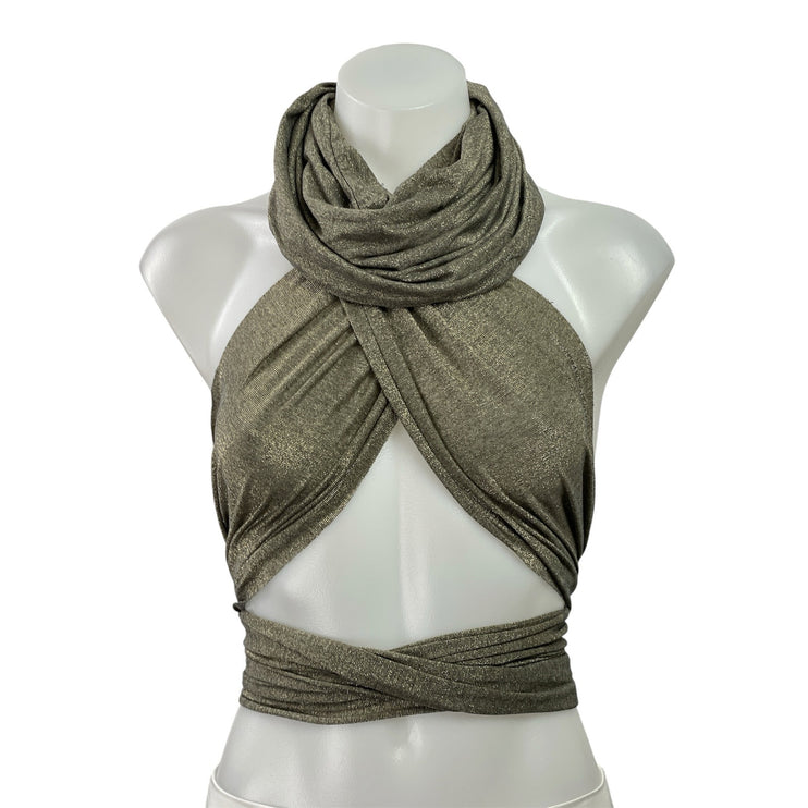 EROS Womens Brown Metallic Halter Cowl Neck Tie Back Crop Fashion Wrap Top Sz XS