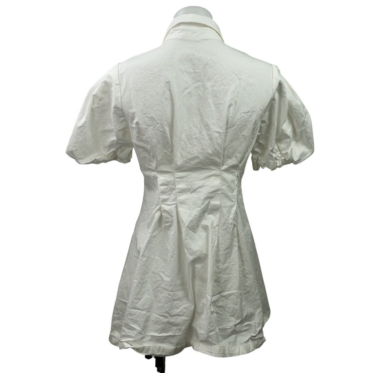 J.Ing White Short Puff Sleeve Collared Button Down A Line Mini Shirt Dress XS