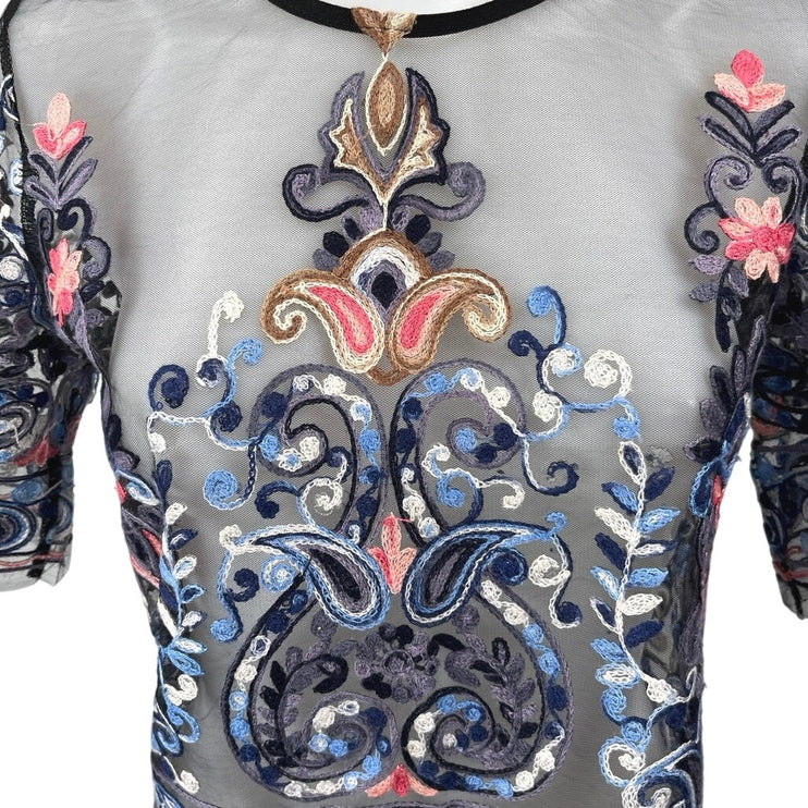 Shein Women's Blue Mesh Sheer Paisley Embroidered Boho Crop Blouse Top Size XS