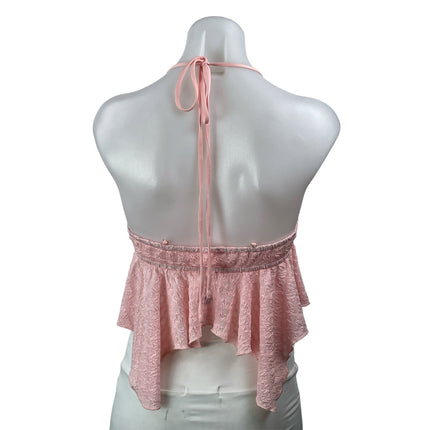 NEW Victoria + Sophia Pink Textured Halter Ruffle Asymmetric Crop Top Size S