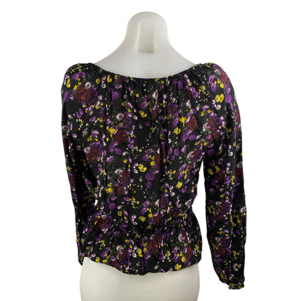 Paige Black Floral Long Sleeve Scoop Neck Tie Smocked Peplum Blouse Top Size S