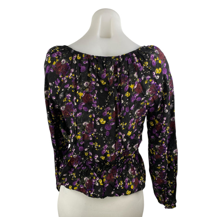 Paige Black Floral Long Sleeve Scoop Neck Tie Smocked Peplum Blouse Top Size S