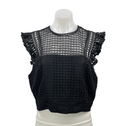 Whistles Women's Black Sleeveless Knit Crochet Ruffles Peplum Blouse Top Size 12