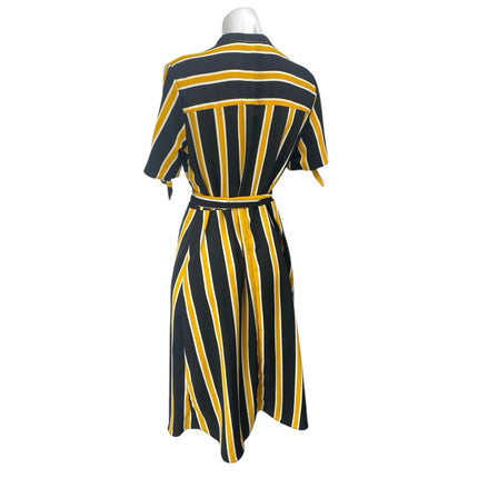 WhoWhatWear Black Yellow Short Sleeve Button Down Belted Midi Shirt Dress Size M