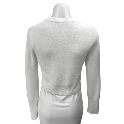 Zara Women's White Long Sleeve Crew Neck Knit Cozy Cropped Sweater Top Size M