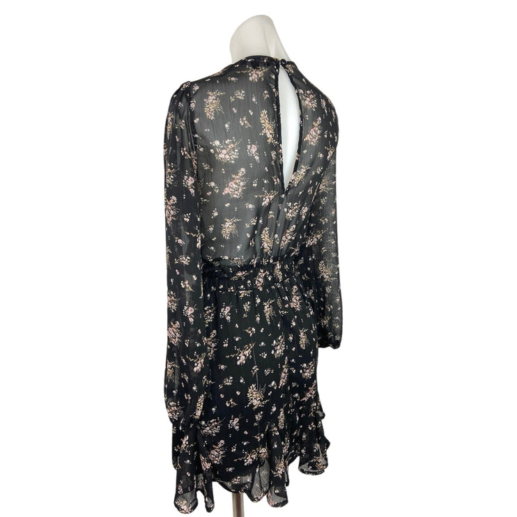 Trixxi Black Floral Print Faux Wrap V-neck A Line Fit & Flare Mini Dress Size M