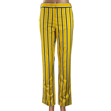 NEW Ovi Women's Yellow Black Striped High Rise Straight Leg Trousers Pants L