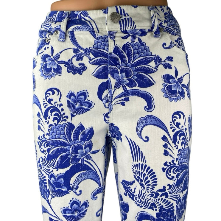 Chico's So Slimming Girlfriend Crop Blue White Paisley Floral Denim Jeans Size 0
