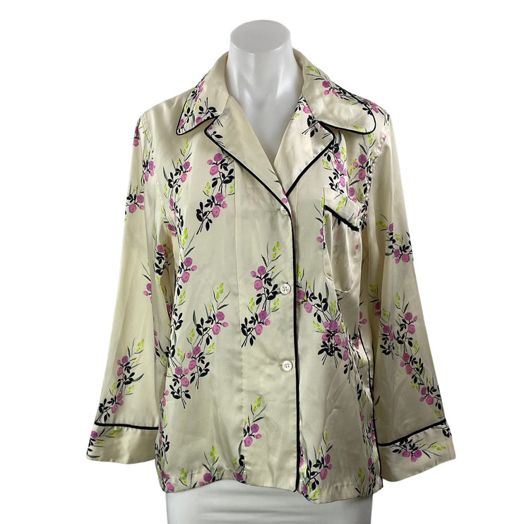 Zara Women's Cream Silk Satin Floral Long Sleeve Button Down Shirt Pajama Size S