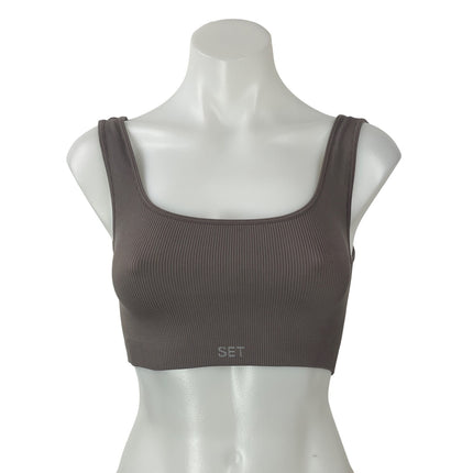 SET Active Dark Brown Sleeveless Athletic Ribbed Knit Sports Bra Crop Tank Top S
