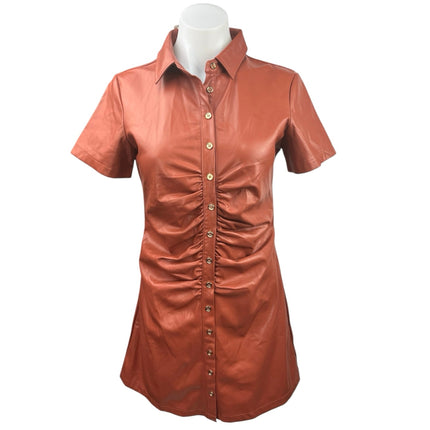 NEW Olivaceous Orange Brown Faux Vegan Leather Suede Shirt Mini Dress Brie NEW Olivaceous Orange Brown Faux Vegan Leather Suede Shirt Mini Dress Brie