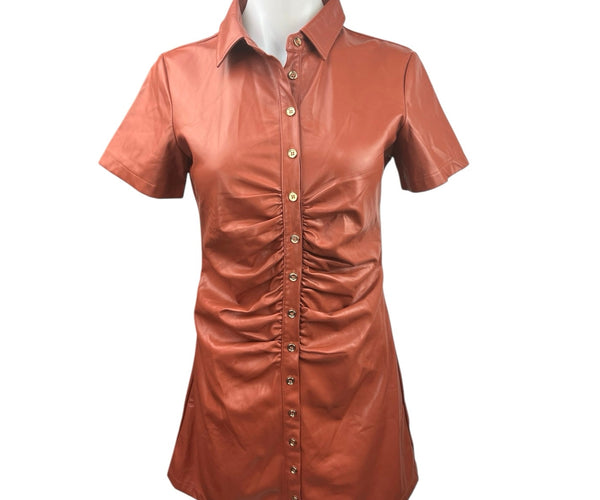 NEW Olivaceous Orange Brown Faux Vegan Leather Suede Shirt Mini Dress – Brie