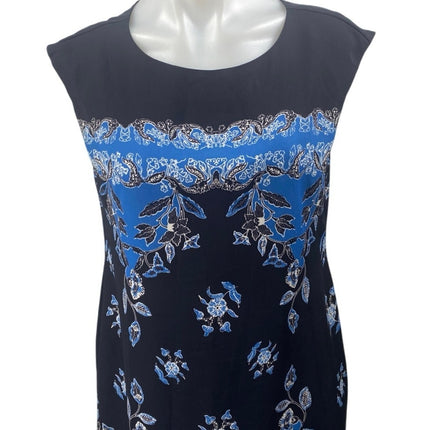 CeCe Black Blue Drop Sleeve Round Neck Floral Bandana Mini Shift Dress Size 6