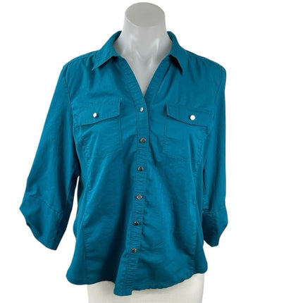 East5th Secretly Slender Womens Collared 3/4 Sleeve Button Up Shirt Blouse Top M