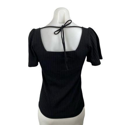 Ann Taylor LOFT Womens Black Short Sleeve Tie Square Neck Knit Blouse Top Size S