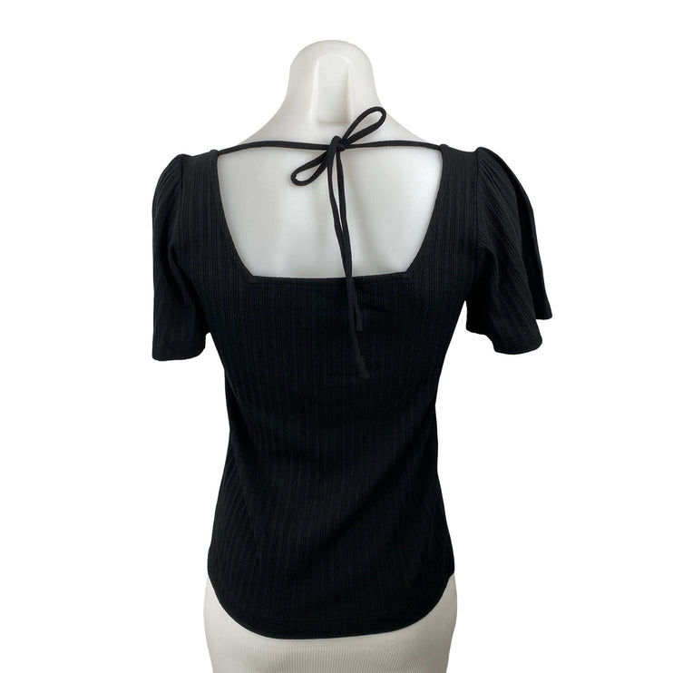 Ann Taylor LOFT Womens Black Short Sleeve Tie Square Neck Knit Blouse Top Size S