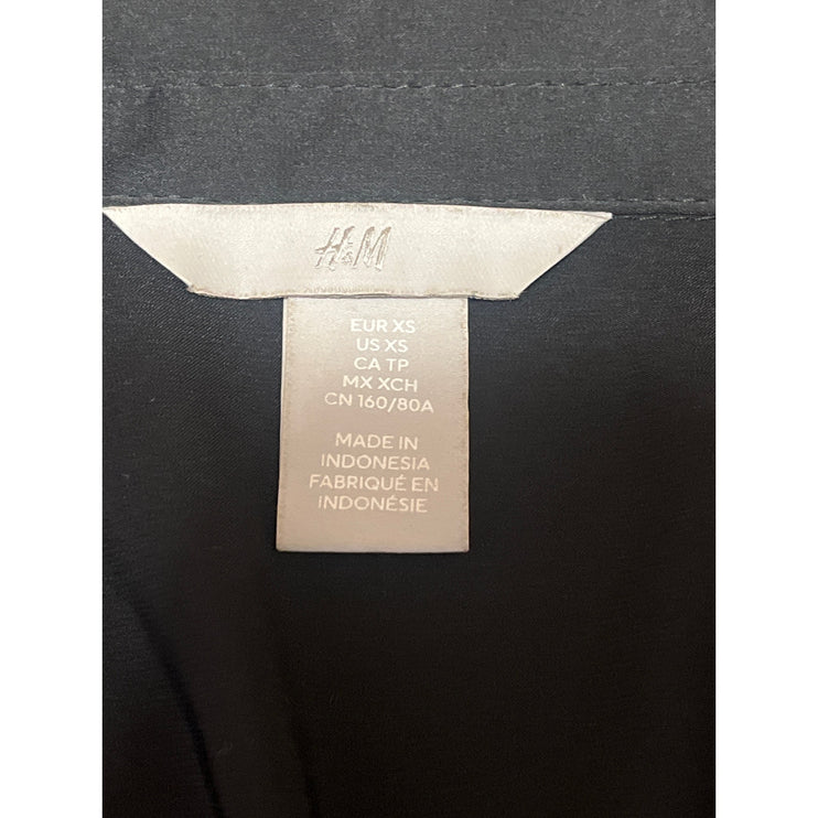 H&M Black Silk Satin Long Sleeve V Neck Button Down Shirt Blouse Top Size XS