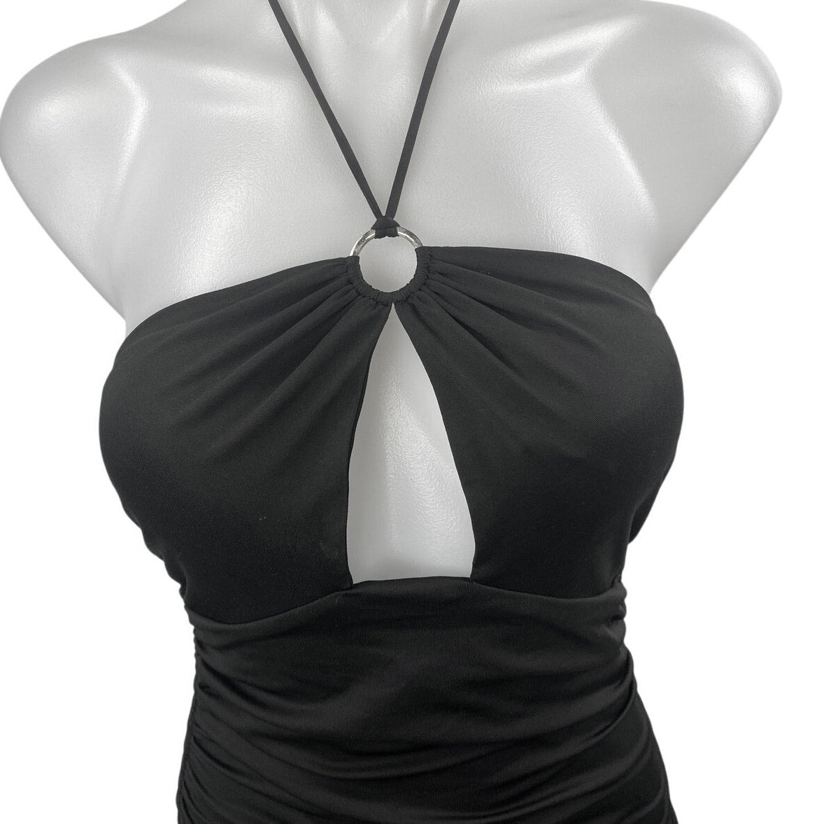 Princess Polly Black Sleeveless Halter Tie Ruched Cutout Mini Bodycon – Brie