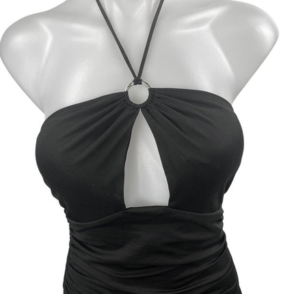 Princess Polly Black Sleeveless Halter Tie Ruched Cutout Mini Bodycon Dress Sz 4