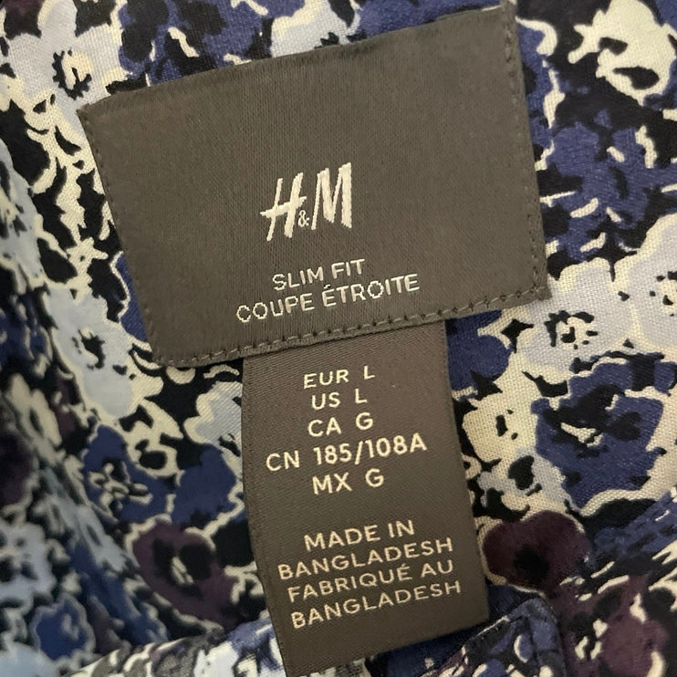 H&M Men's Blue Floral Slim Fit Short Sleeve Casual Button Down Shirt Top Size L