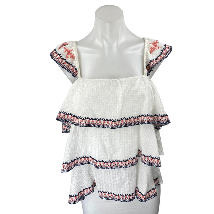 Skies Are Blue White Floral Embroidered Ruffle Tiered Tank Blouse Top Size L