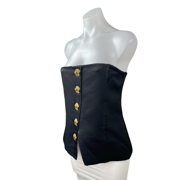Women Black Gold Button Down Strapless Sleeveless Bandeau Tube Blouse Top Size L